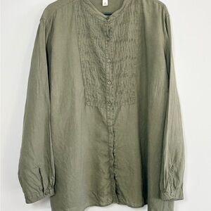 L.L. Bean Green Pintuck Button Linen  Shirt